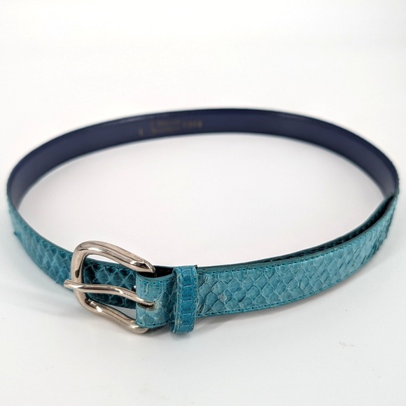 Genuine Snakeskin Belt Teal Blue Exotic Leather Brass Plated Buckle Size L main image 4